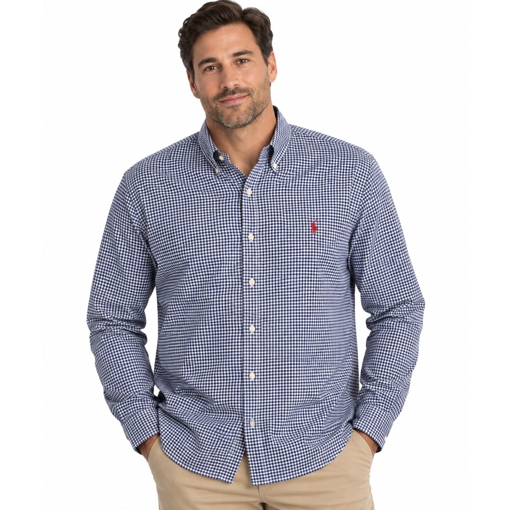 Ralph Lauren Mens XL Gingham Check Button Down Shirt Navy Blue White Red Pony